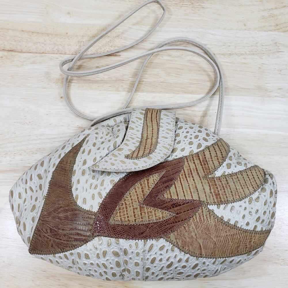 Vintage White Textured Patchwork Faux Reptile Crossbody Purse Boho Shoulder Bag